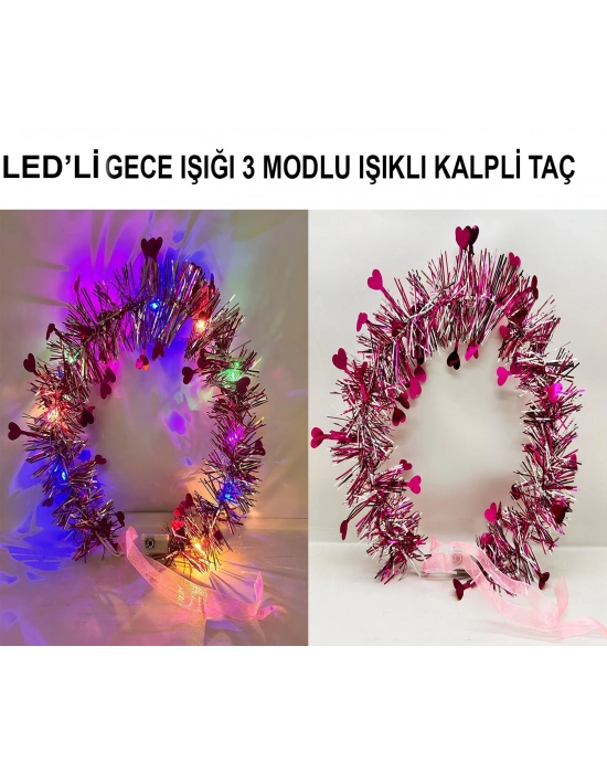 Kalp Püsküllü Gece Parıltısı 3 Modlu Led'li Işıklı Taç Fuşya Renk
