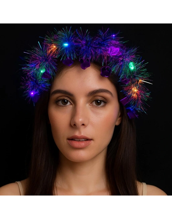 Kalp Püsküllü Gece Parıltısı 3 Modlu Led'li Işıklı Taç Mor Renk