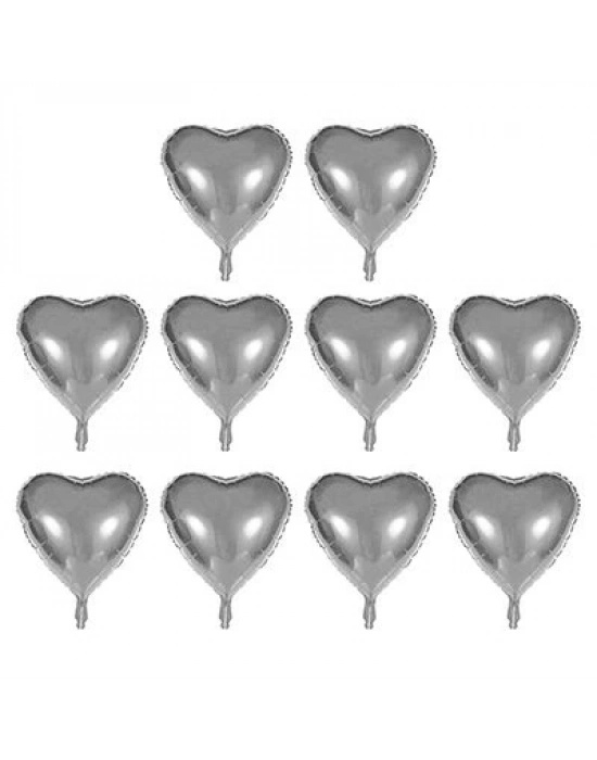 Kalp Şekilli Gümüş Renk  Folyo Balon 45 Cm 10 Adet