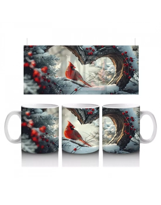 Kalp Şeklinde Ağaç Deliğinden Bakan Kardinal Kuşu – Baskılı Kahve Kupası