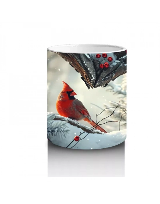 Kalp Şeklinde Ağaç Deliğinden Bakan Kardinal Kuşu – Baskılı Kahve Kupası