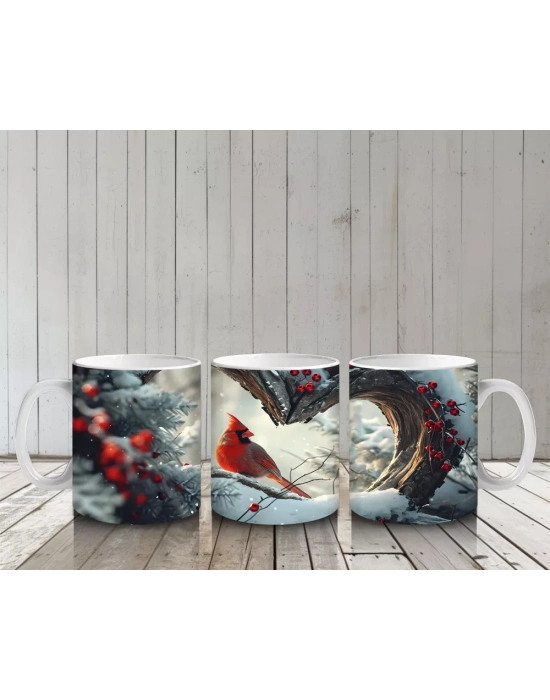 Kalp Şeklinde Ağaç Deliğinden Bakan Kardinal Kuşu – Baskılı Kahve Kupası