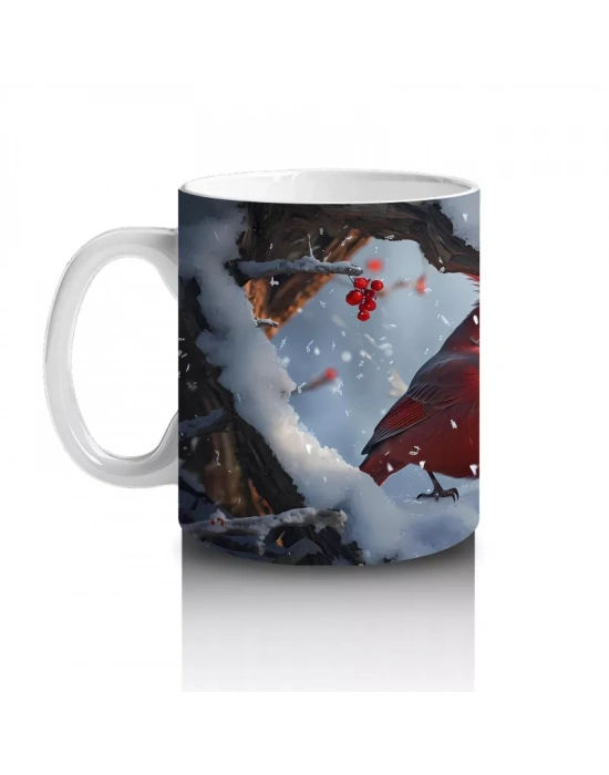 Kalp Şeklinde Ağaç Kovuğunda Kırmızı Kardinal Kuş – Baskılı Kahve Kupası