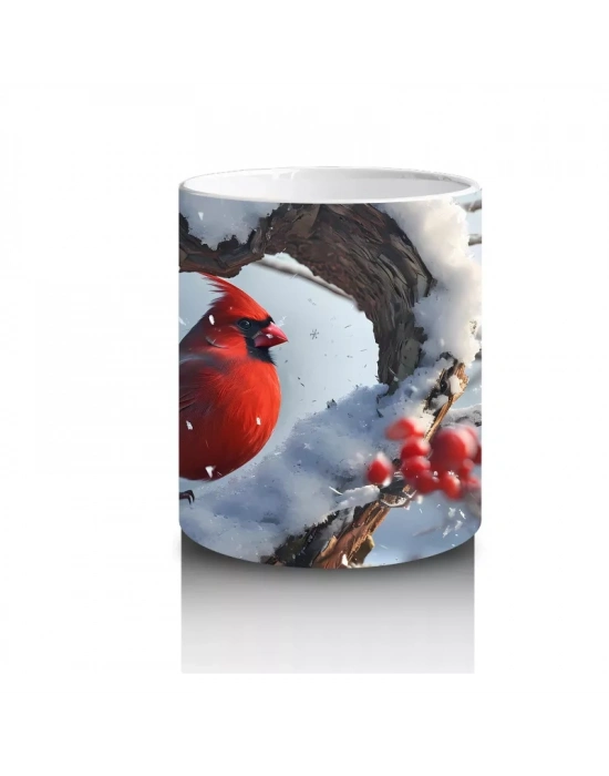 Kalp Şeklinde Ağaç Kovuğunda Kırmızı Kardinal Kuş – Baskılı Kahve Kupası