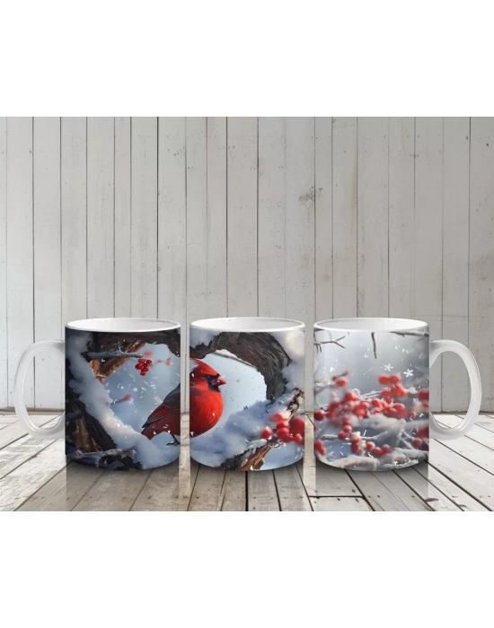 Kalp Şeklinde Ağaç Kovuğunda Kırmızı Kardinal Kuş – Baskılı Kahve Kupası