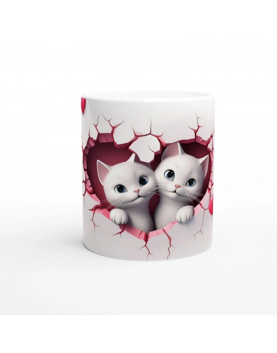 Kalp Şeklinde Çatlağın İçinden Bakan İkiz Kediler Temalı Baskılı Kupa Bardak