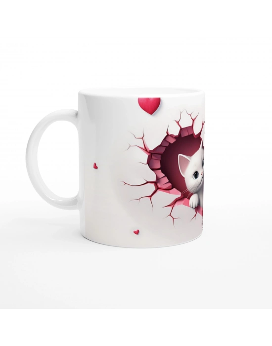 Kalp Şeklinde Çatlağın İçinden Bakan İkiz Kediler Temalı Baskılı Kupa Bardak