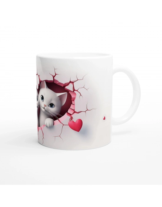 Kalp Şeklinde Çatlağın İçinden Bakan İkiz Kediler Temalı Baskılı Kupa Bardak