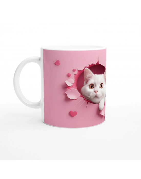 Kalp Şeklinde Çatlak Duvardan Bakan İki Beyaz Kedi Temalı Baskılı Kupa Bardak