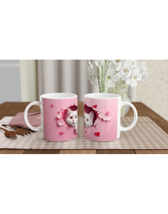 Kalp Şeklinde Çatlak Duvardan Bakan İki Beyaz Kedi Temalı Baskılı Kupa Bardak