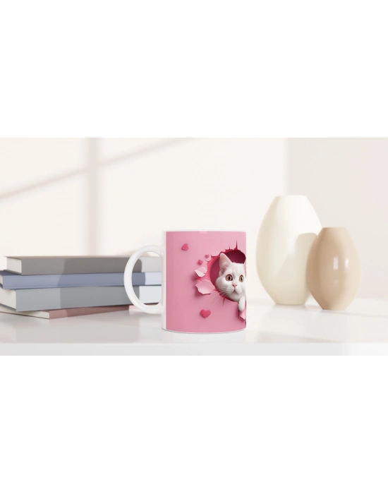 Kalp Şeklinde Çatlak Duvardan Bakan İki Beyaz Kedi Temalı Baskılı Kupa Bardak