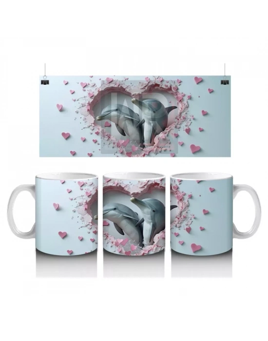 Kalp Şeklinde Çatlakta Bakan İki Yunus – Baskılı Kahve Kupası