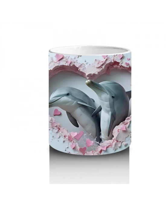 Kalp Şeklinde Çatlakta Bakan İki Yunus – Baskılı Kahve Kupası