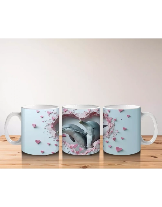 Kalp Şeklinde Çatlakta Bakan İki Yunus – Baskılı Kahve Kupası