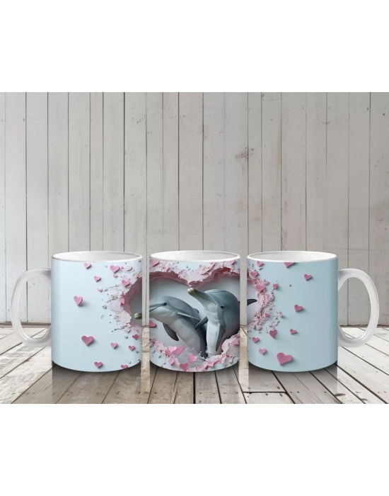 Kalp Şeklinde Çatlakta Bakan İki Yunus – Baskılı Kahve Kupası