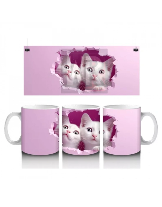 Kalp Şeklinde Çatlakta İki Tatlı Yavru Kedi Kupa Bardak