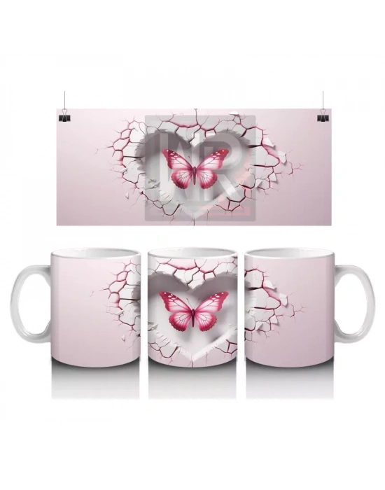 Kalp Şeklinde Çatlakta Parlayan Pembe Kelebek – Baskılı Kahve Kupası