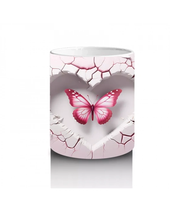 Kalp Şeklinde Çatlakta Parlayan Pembe Kelebek – Baskılı Kahve Kupası