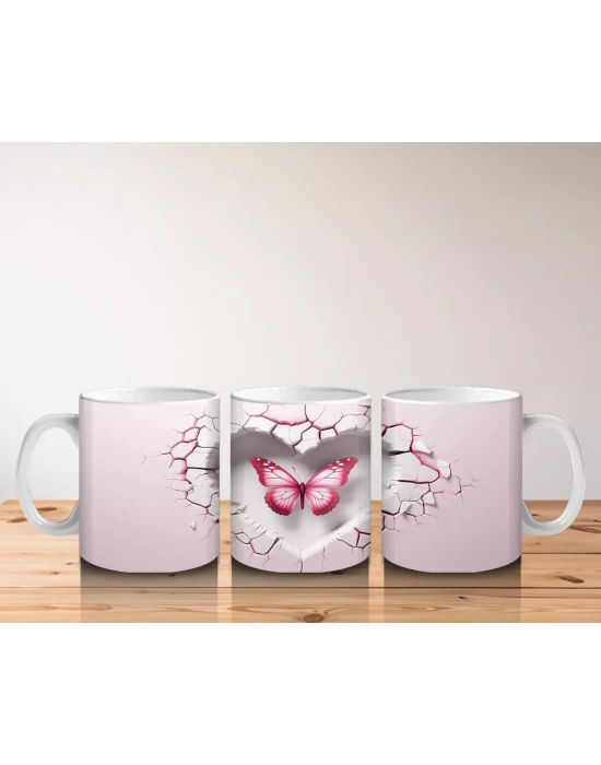 Kalp Şeklinde Çatlakta Parlayan Pembe Kelebek – Baskılı Kahve Kupası