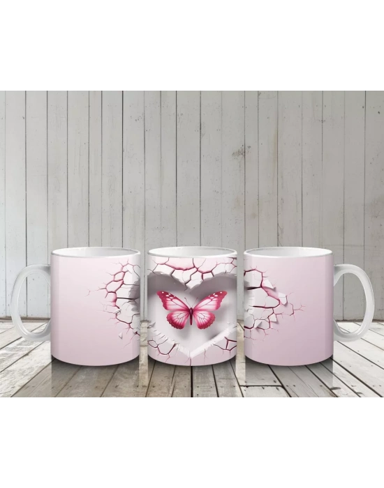 Kalp Şeklinde Çatlakta Parlayan Pembe Kelebek – Baskılı Kahve Kupası