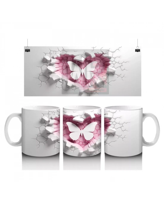 Kalp Şeklinde Çatlakta Pembe Kelebek Silueti – Baskılı Kahve Kupası