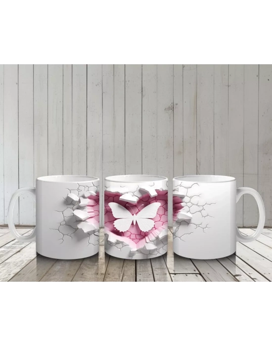 Kalp Şeklinde Çatlakta Pembe Kelebek Silueti – Baskılı Kahve Kupası