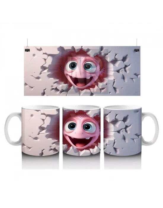 Kalp Şeklinde Çatlakta Pembe Sevimli Maskot – Baskılı Kahve Kupası