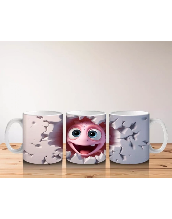 Kalp Şeklinde Çatlakta Pembe Sevimli Maskot – Baskılı Kahve Kupası