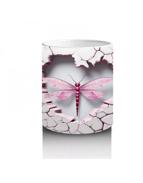 Kalp Şeklinde Çatlakta Pembe Yusufçuk İllüstrasyonu – Baskılı Kahve Kupası