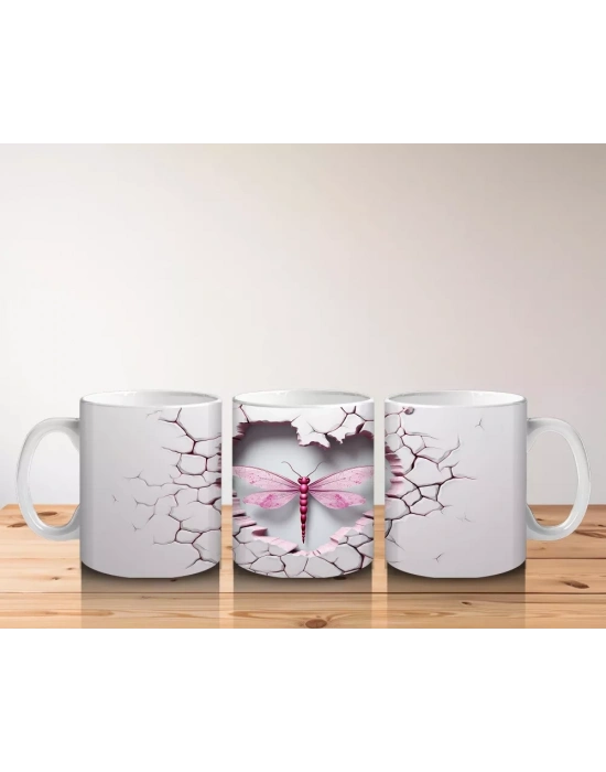 Kalp Şeklinde Çatlakta Pembe Yusufçuk İllüstrasyonu – Baskılı Kahve Kupası