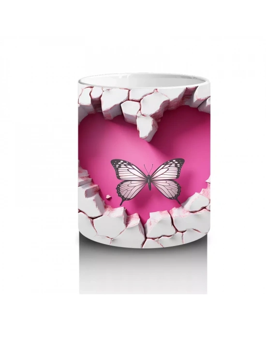 Kalp Şeklinde Çatlakta Uçan Çift Pembe Kelebek – Baskılı Kahve Kupası