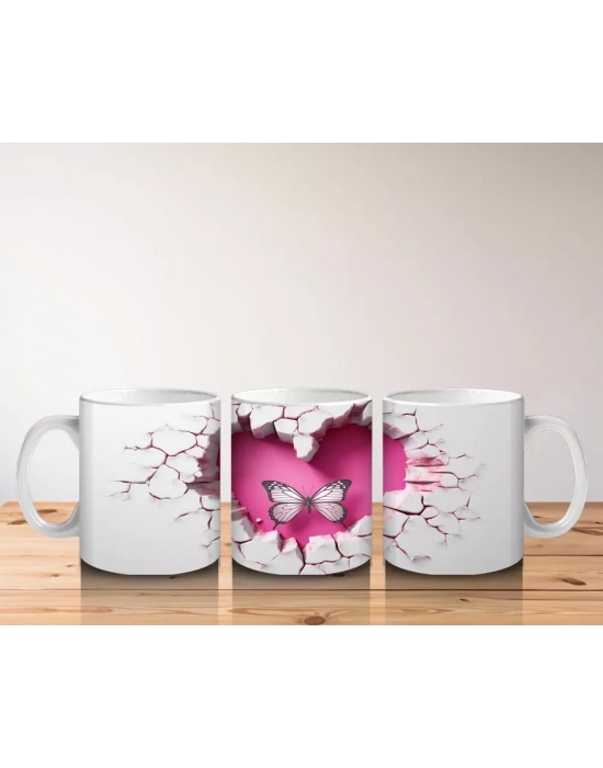 Kalp Şeklinde Çatlakta Uçan Çift Pembe Kelebek – Baskılı Kahve Kupası
