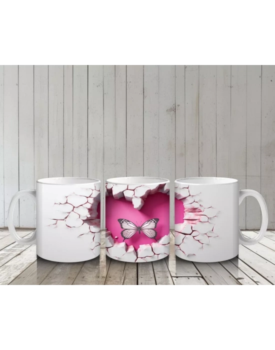 Kalp Şeklinde Çatlakta Uçan Çift Pembe Kelebek – Baskılı Kahve Kupası