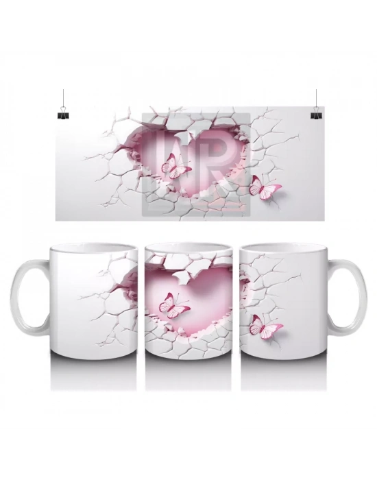 Kalp Şeklinde Duvar Kırığında Pembe Tema Kelebek – Baskılı Kahve Kupası