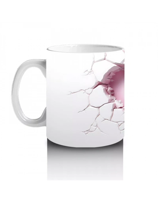 Kalp Şeklinde Duvar Kırığında Pembe Tema Kelebek – Baskılı Kahve Kupası