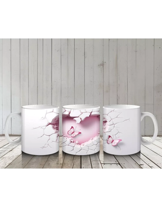 Kalp Şeklinde Duvar Kırığında Pembe Tema Kelebek – Baskılı Kahve Kupası