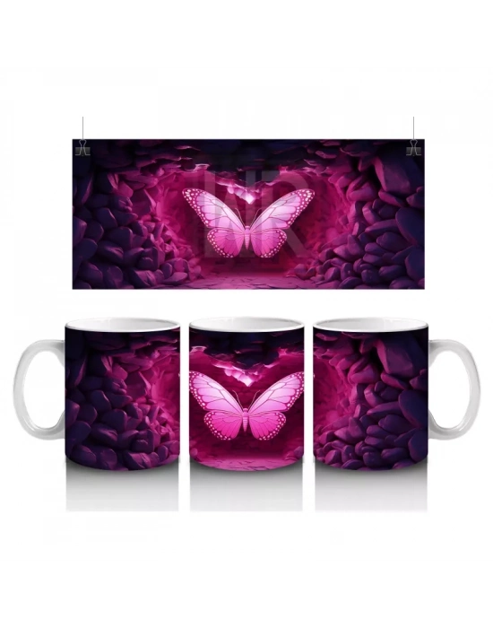Kalp Şeklinde Işıkla Aydınlanan Pembe Kelebek – Baskılı Kahve Kupası