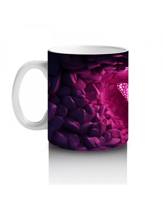 Kalp Şeklinde Işıkla Aydınlanan Pembe Kelebek – Baskılı Kahve Kupası