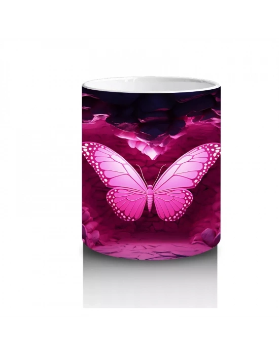 Kalp Şeklinde Işıkla Aydınlanan Pembe Kelebek – Baskılı Kahve Kupası