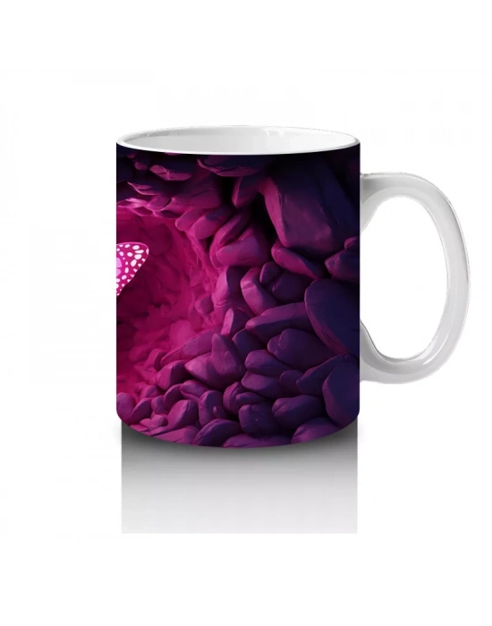 Kalp Şeklinde Işıkla Aydınlanan Pembe Kelebek – Baskılı Kahve Kupası