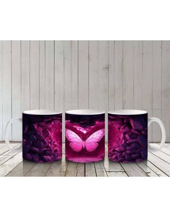 Kalp Şeklinde Işıkla Aydınlanan Pembe Kelebek – Baskılı Kahve Kupası
