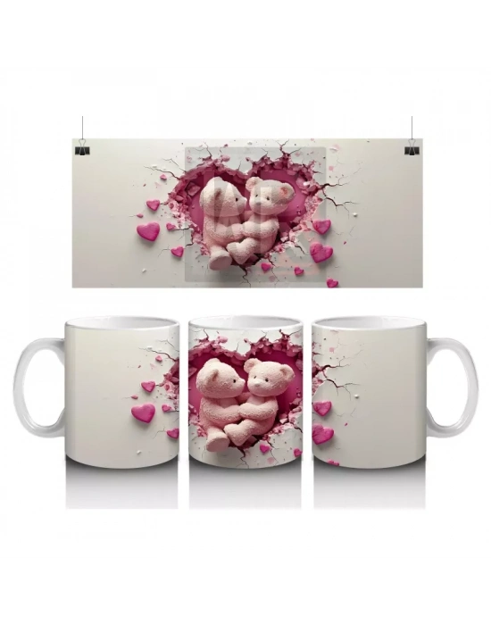 Kalp Şeklinde Peluş Oyuncak Çifti – Baskılı Kahve Kupası