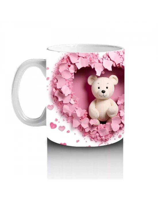 Kalp Şeklinde Pembe Arka Planda Ayıcık Çifti – Baskılı Kahve Kupası