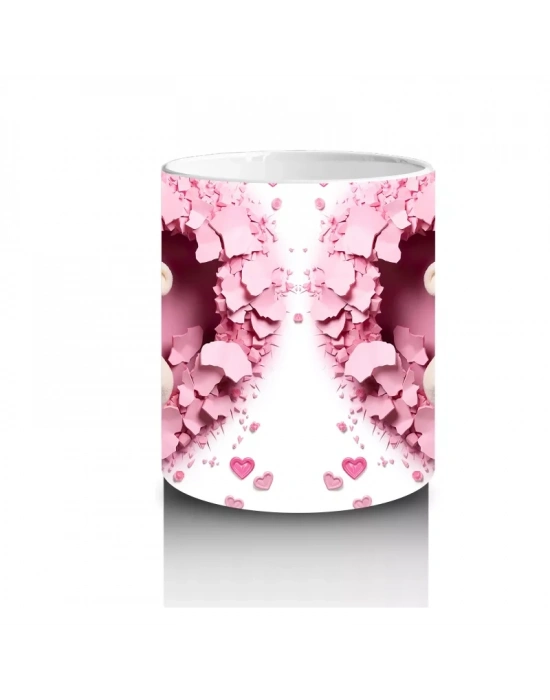 Kalp Şeklinde Pembe Arka Planda Ayıcık Çifti – Baskılı Kahve Kupası