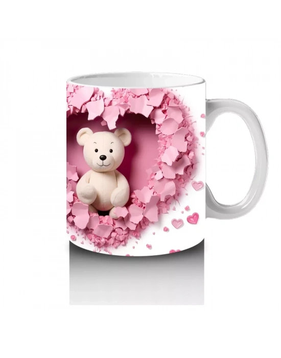 Kalp Şeklinde Pembe Arka Planda Ayıcık Çifti – Baskılı Kahve Kupası