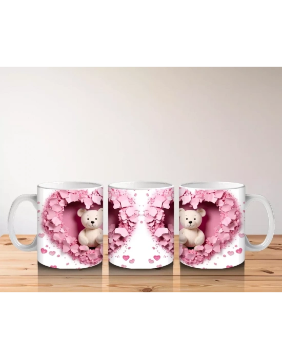 Kalp Şeklinde Pembe Arka Planda Ayıcık Çifti – Baskılı Kahve Kupası