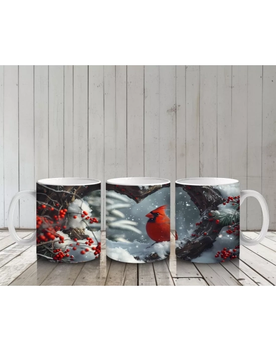 Kalp Şeklindeki Ağaç Kovuklarında Kırmızı Kardinal – Baskılı Kahve Kupası