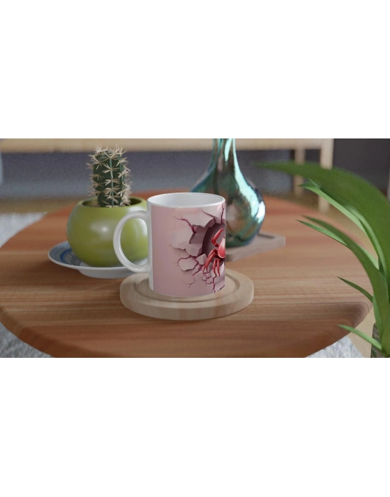 Kalp Şeklindeki Çatlak Duvar Arasından Bakan Yengeç Temalı Baskılı Kupa Bardak