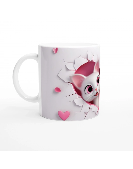 Kalp Şeklindeki Çatlak Duvarın Ardından Bakan Tatlı Kediler Temalı Baskılı Kupa Bardak