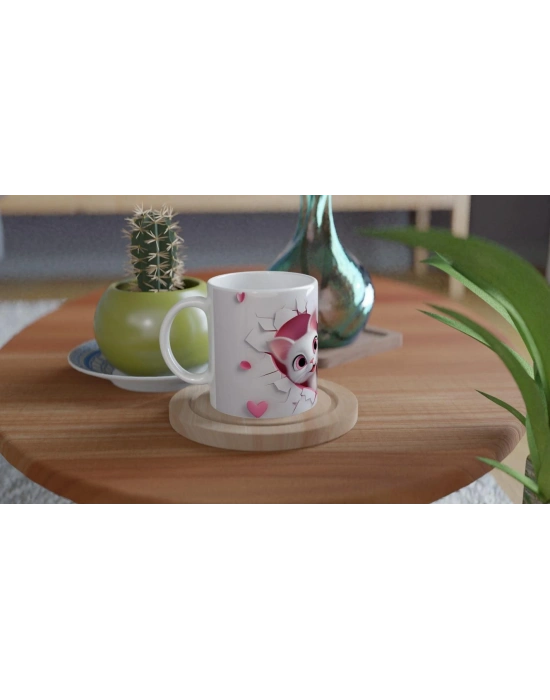 Kalp Şeklindeki Çatlak Duvarın Ardından Bakan Tatlı Kediler Temalı Baskılı Kupa Bardak